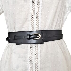 Skinny thick Black faux leather utility corset gold buckle dress wide waist belt